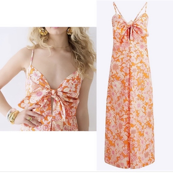J. CREW Tie Front 100% Cotton Poplin Midi Loose Fit Dress in Orange Floral Small - Picture 1 of 15